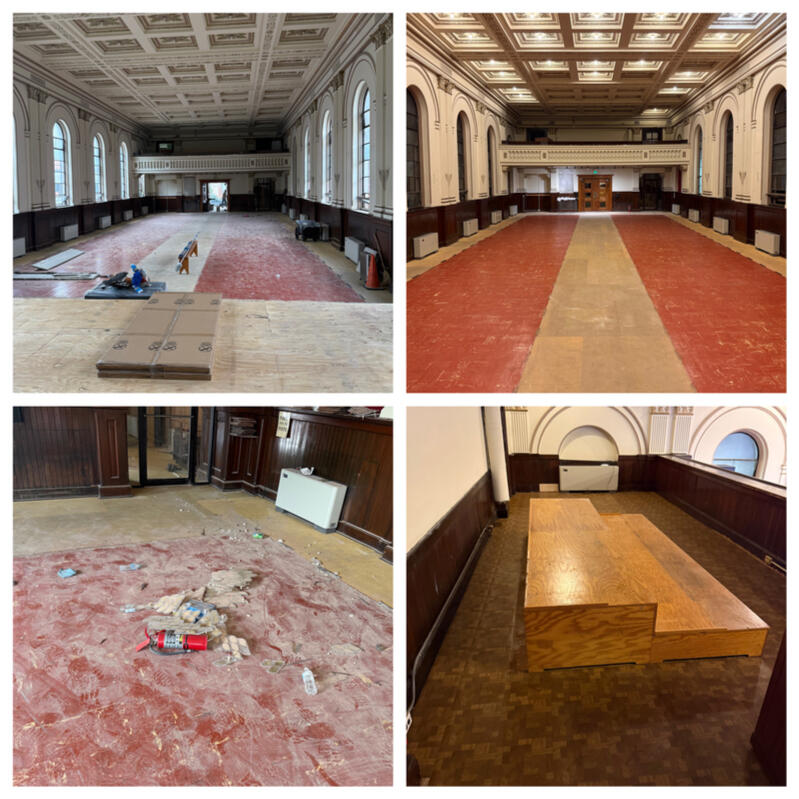 Historic hall before and after post-construction cleanup